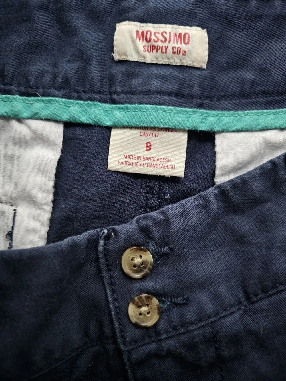 Vintage Mossimo Navy Low Rise Micro Mini Chino Shorts W/ Teal Waistband Size 9